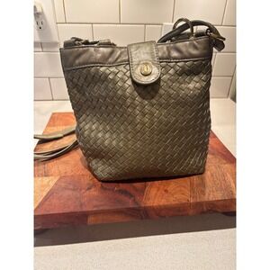 Ganson Vintage Woven Leather Crossbody Bucket Bag Metallic Bronze Olive Gold
